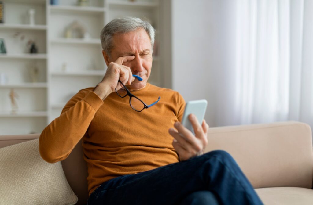 A man sitting on a couch looking at his phone in one hand and holding his glasses while rubbing his eye with the other hand.