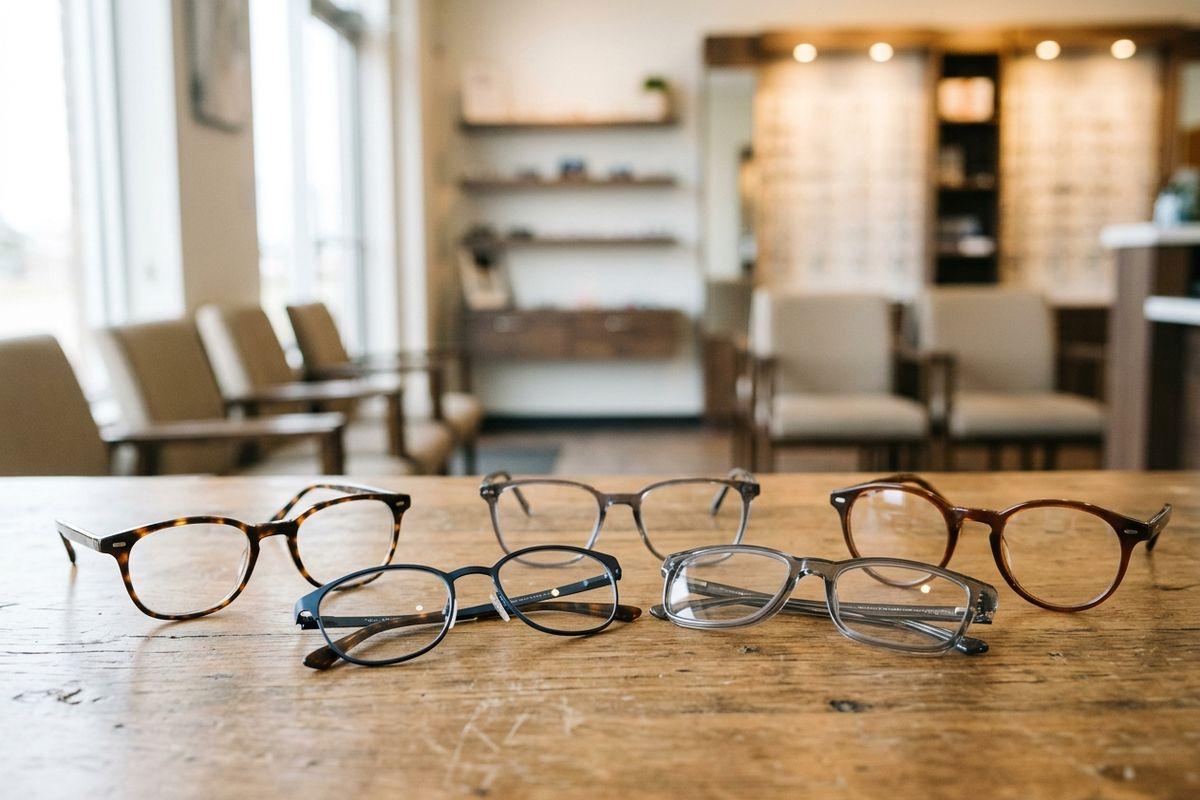 Five eyeglass frames in various styles and colors displayed on a wooden table inside an optical shop with frame displays in the background.