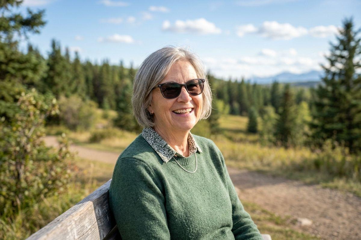 Older adult with gray hair and sunglasses sitting on a wooden bench outdoors, smiling, with pine trees and mountains in the background.