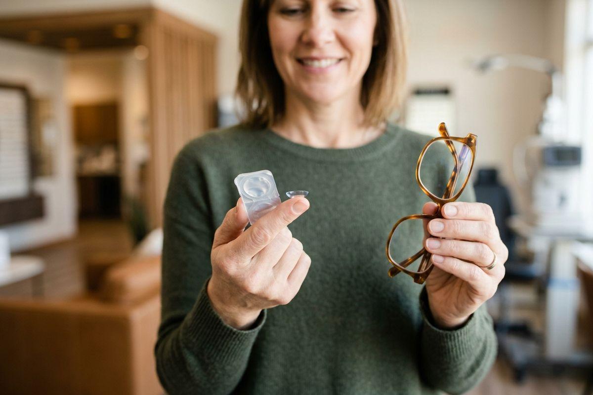 Smiling adult in an optical shop holding a contact lens on one finger and a pair of glasses in the other hand.