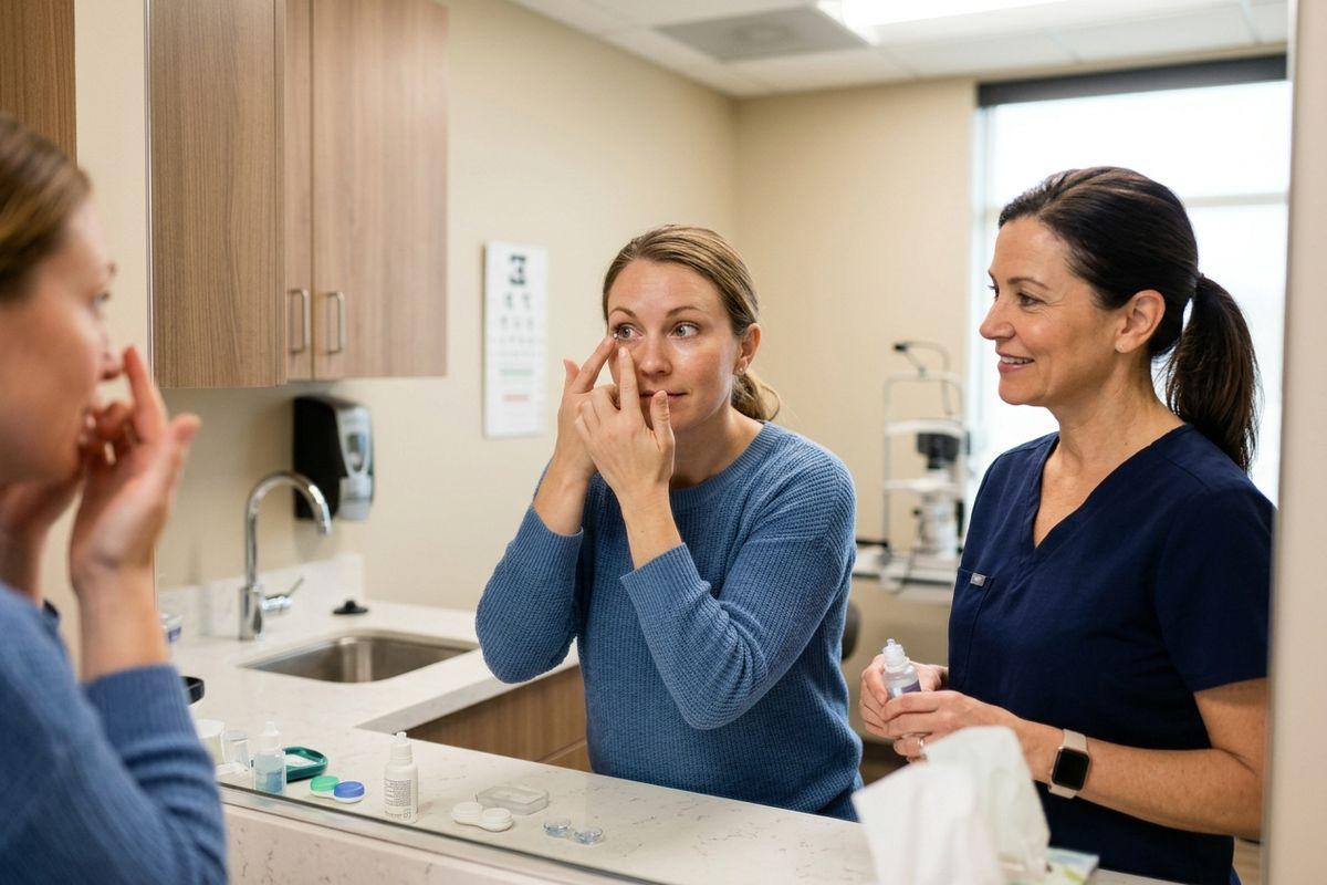 Adult inserting a contact lens at a mirror in an eye clinic while a smiling optometrist stands nearby holding a small bottle.