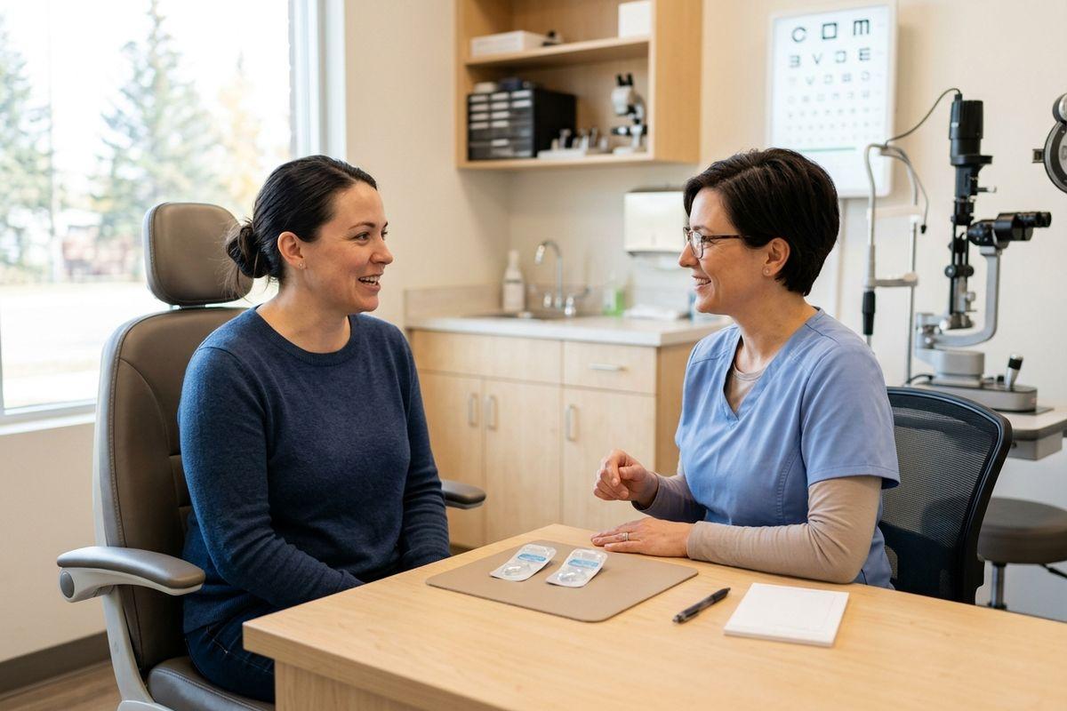 Optometrist smiling and consulting with a patient at a desk in an eye exam room, with contact lens packets on the table.